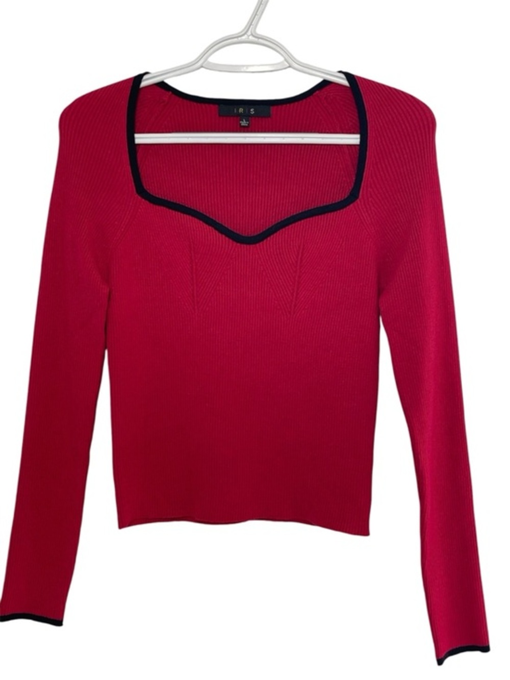 IRIS WOMEN'S Red Ribbed Long-Sleeve Top with Black Trim Size L NWOT